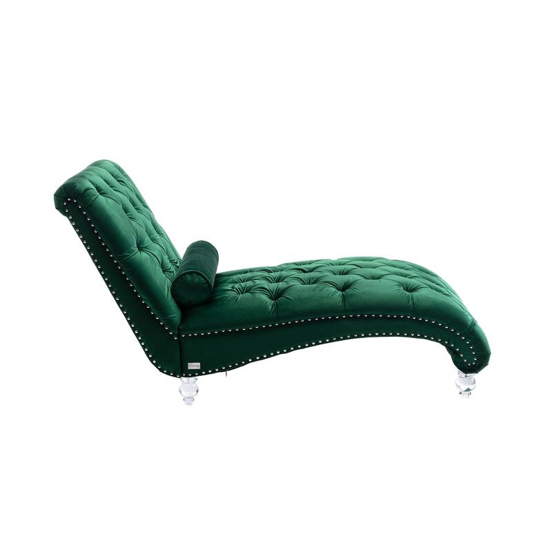 Velvet Tufted Chaise Lounge Chair Ergonomic S Shape Recliner with Pillow, Nailhead Trim and Acrylic Legs for Indoor Use