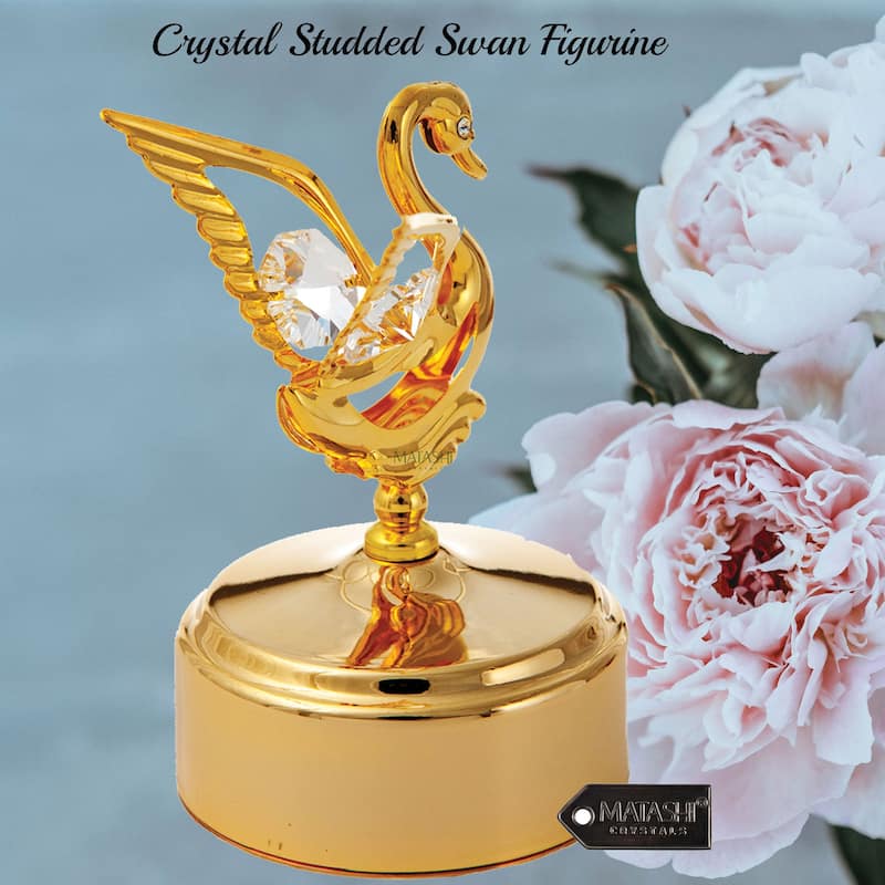 Matashi 24K Gold Plated Music Box with Crystal Studded Swan Figurine, Swan Lake