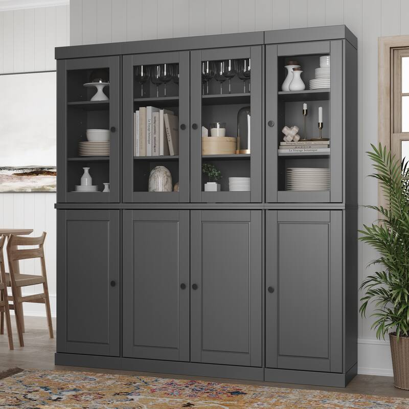 Palace Imports 100% Solid Wood Pantry China Cabinet, Raised Panel & Clear Glass Doors, Adjustable Shelves, 65" Wide, 71.5" Tall - Gray