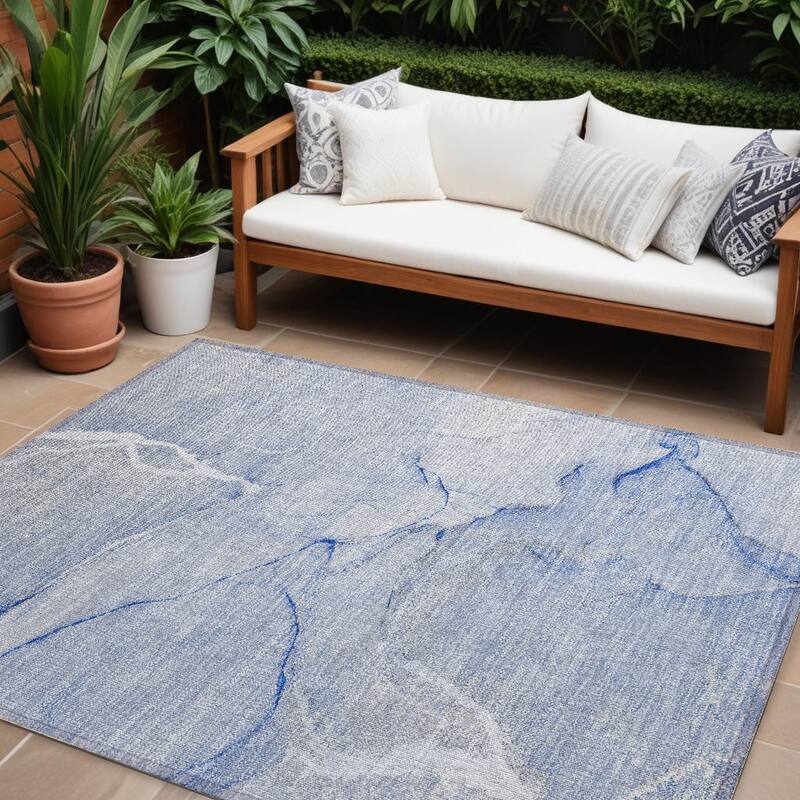 Dava Contemporary Abstract Weather Resistant Blended Style Outdoor Rug - 9' X 12' - Blue