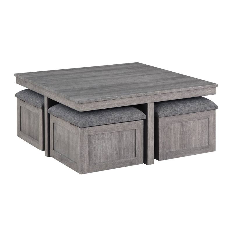 Mizo 5 Piece Coffee Table Set, 4 Nesting Storage Ottoman, Gray Finish