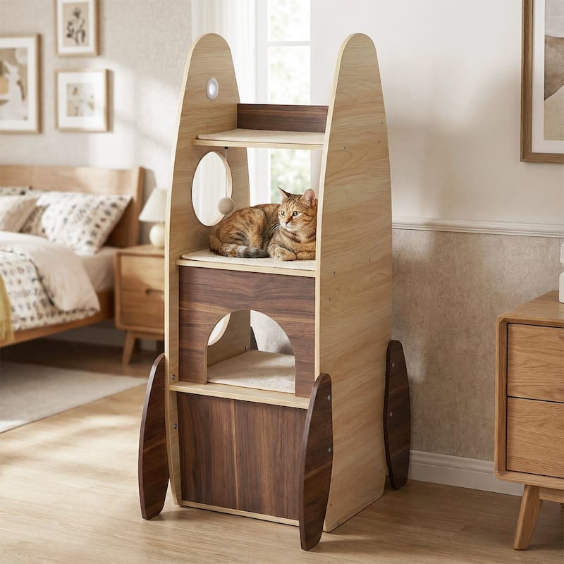 Gymax 47'' Large Wooden Cat House w/ 2-Storey Condo Top Perch & Sisal