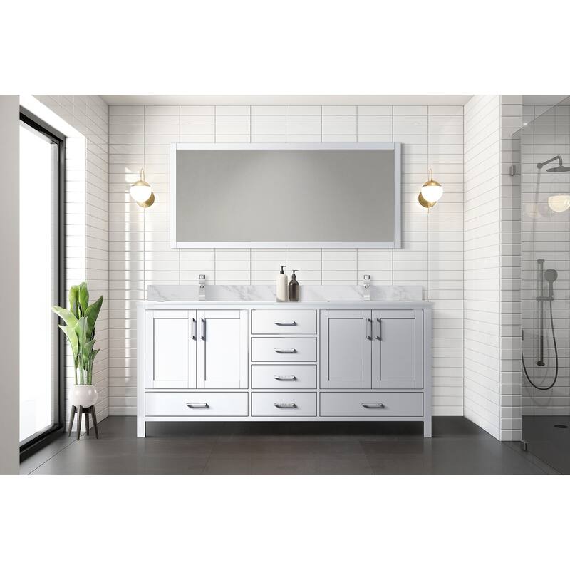 Jacques 72 in. W x 22 in. D Distressed Grey Double Bath Vanity, Carrara Marble Top, Faucet Set, and 70 in. Mirror