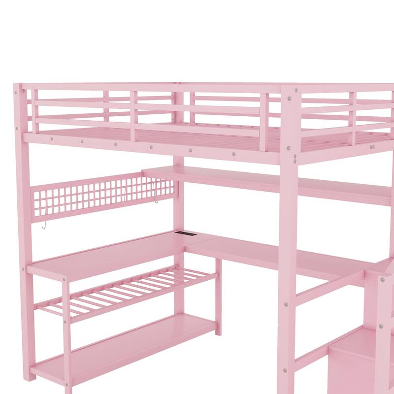 Full Size Metal Loft Bed with Staircase, Wardrobe, Desk, Storage Shelves, LED Lights, and Charge Station, Pink