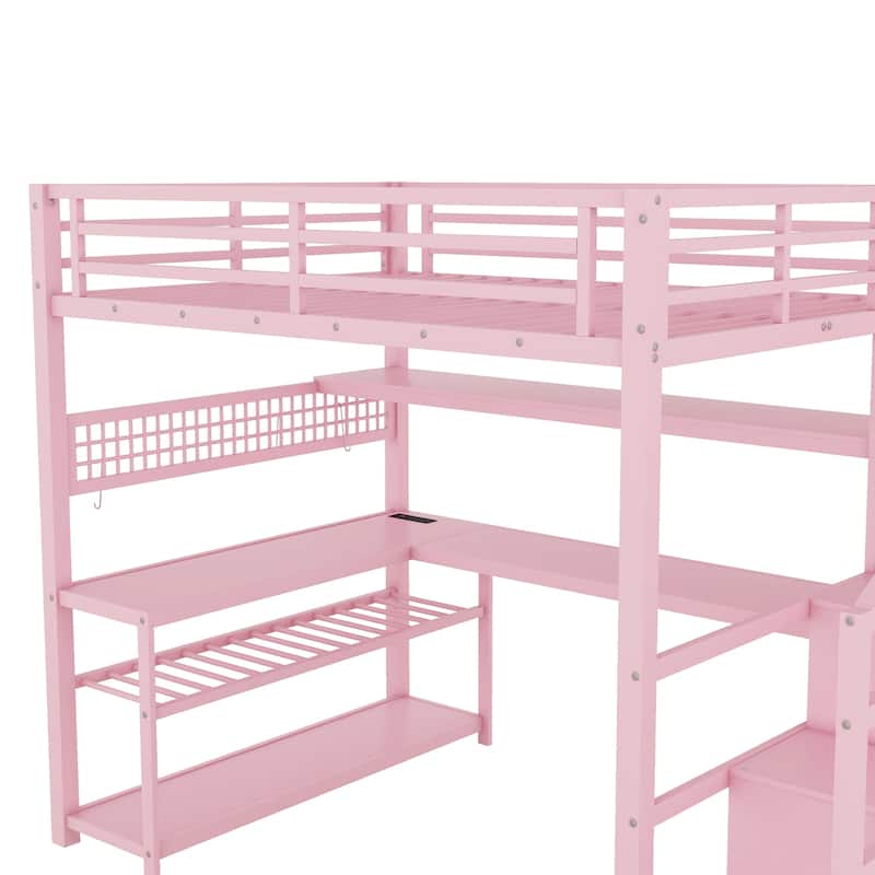 GDF Studio - Bayard Modern Full Size Metal Loft Bed with Staircase, Desk, Storage & LED Lights