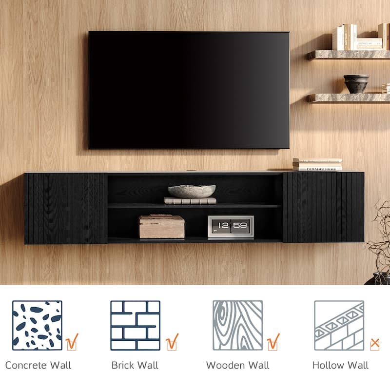 WAMPAT Floating TV Stand Under TV Shelf, Wall Mounted Shelf，Black