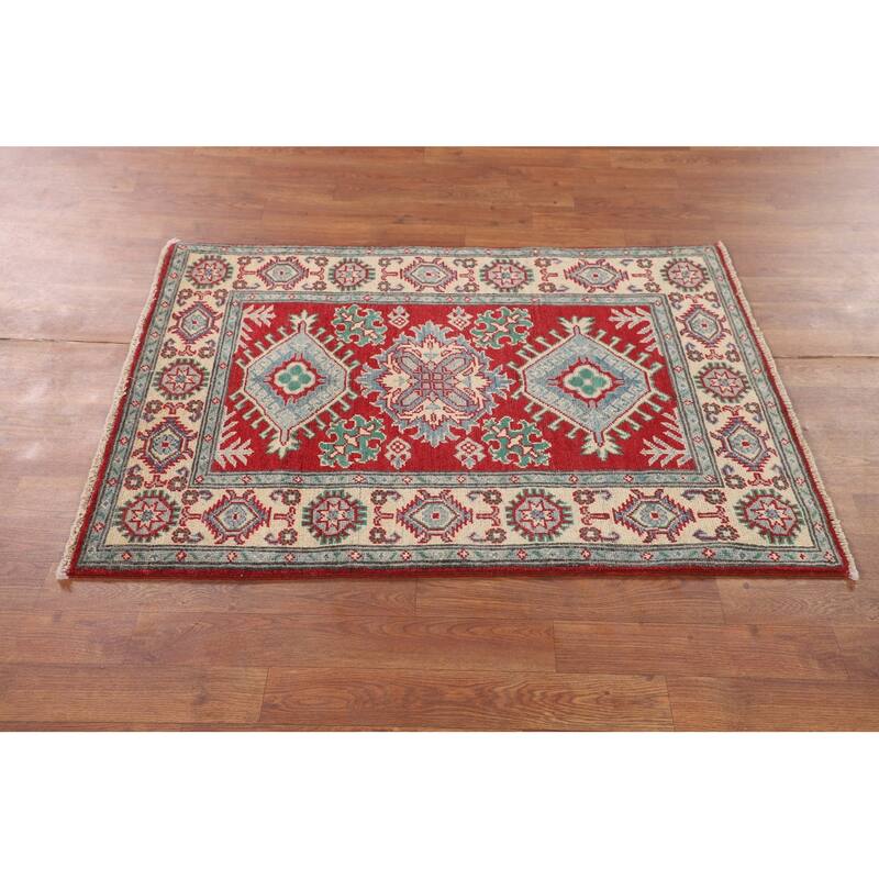 Geometric Red Kazak Accent Rug Hand-Knotted Bedroom Wool Carpet - 2'9" x 3'10"