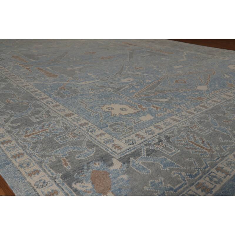 Hand Knotted Oriental 100% Wool Carpet Transitional All-Over Navy Blue & Blues Oushak Area Rug - 14' 11'' X 10' 11''