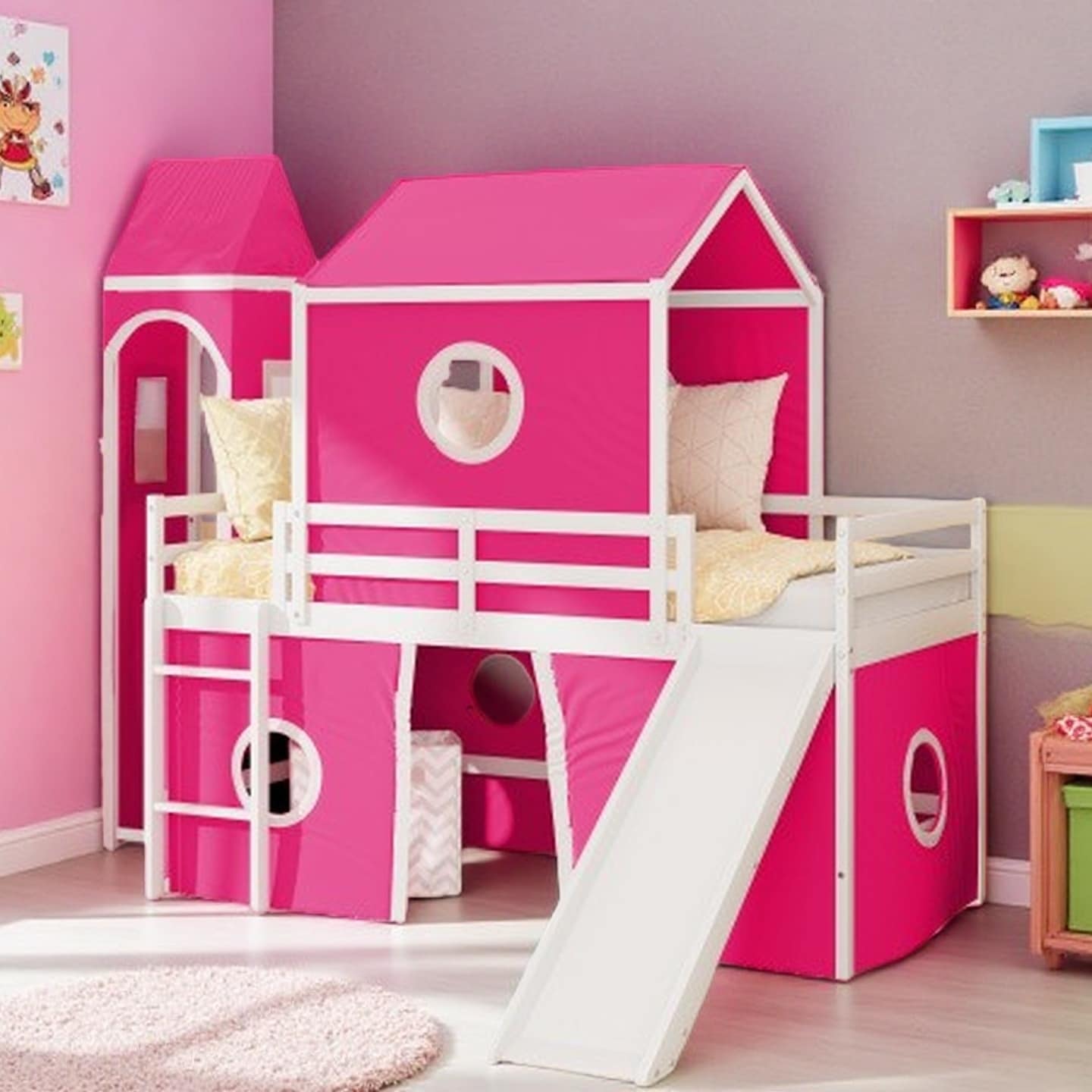 Twin Loft Bed with Slide, Castle Tower, and Play Tent, Solid Wood Frame with Pink and Blue Finish, Space-Saving Kids Bed