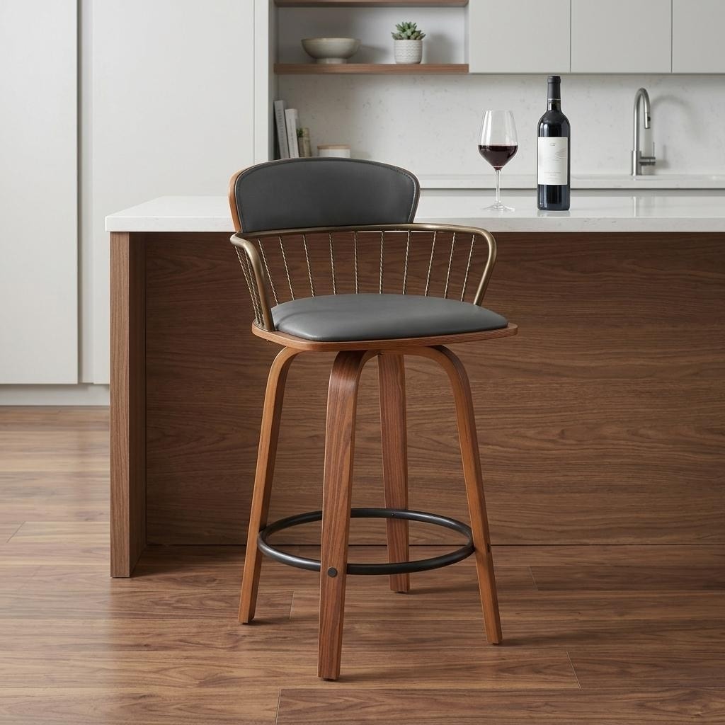 HomeRoots 26" Gray And Wood Brown Faux Leather Swivel Low Back Counter Height Bar Chair