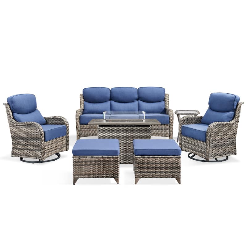 Pocassy 7 Pieces Outdoor 6 Inch Sofa Swivel Chair Ottoman with Fire Table