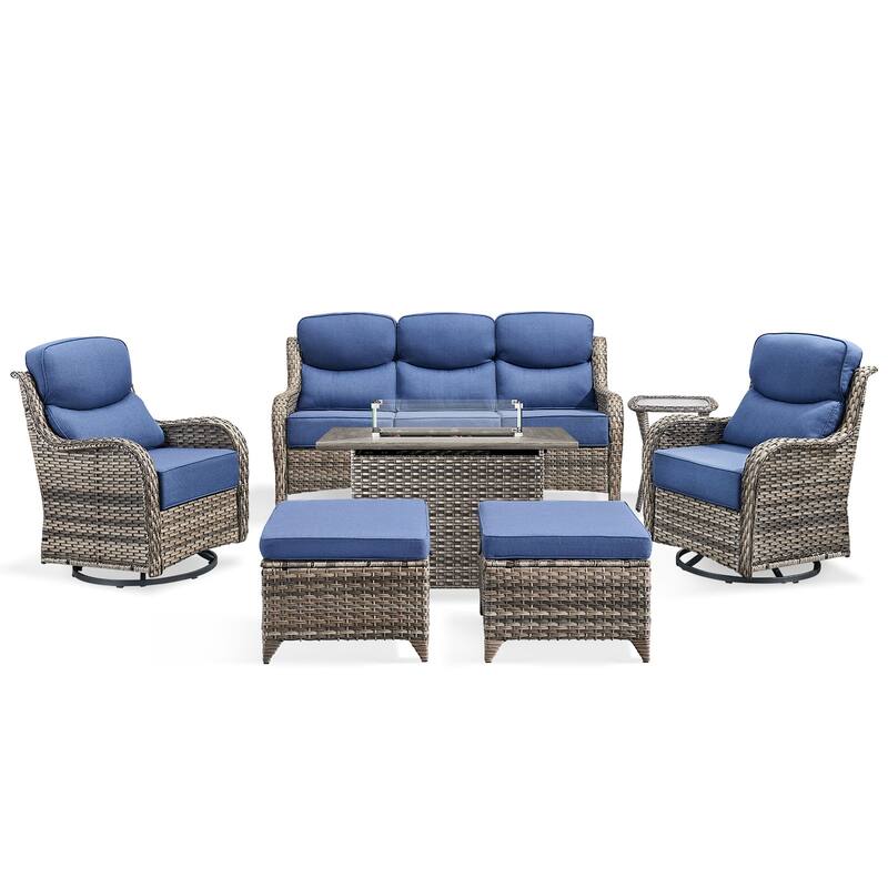 Pocassy Outdoor 6 Inch Sofa Glider Chairs Ottoman with Fire Table Set