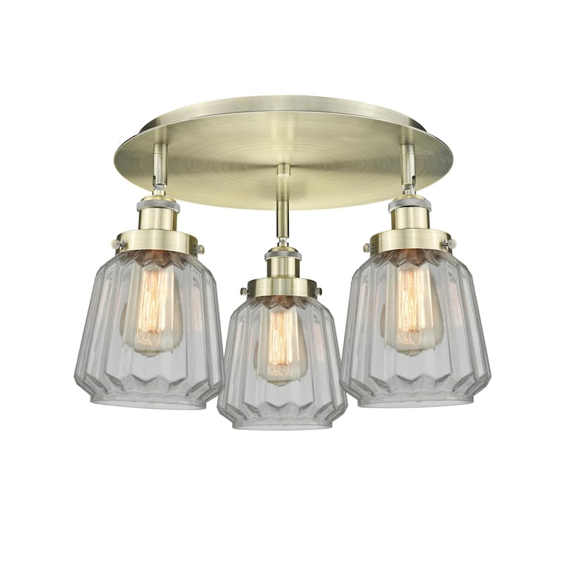 Innovations Lighting Chatham - 3 Light 18" Flush Mount - Antique Brass/Clear