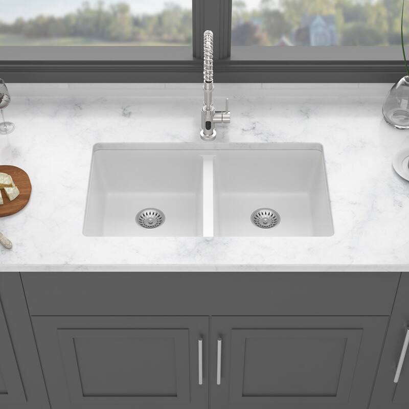 33" Undermount Double Bowl Quartz Kitchen Sink in White - 33'' x 19'' x 10.33'' - White - 33'' x 19'' x 10.33''