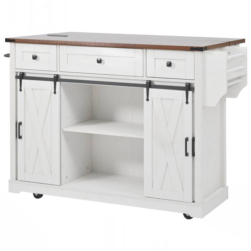 Farmhouse Kitchen Island with Storage, Rolling Kitchen Island on 5 Wheels with Spice Rack