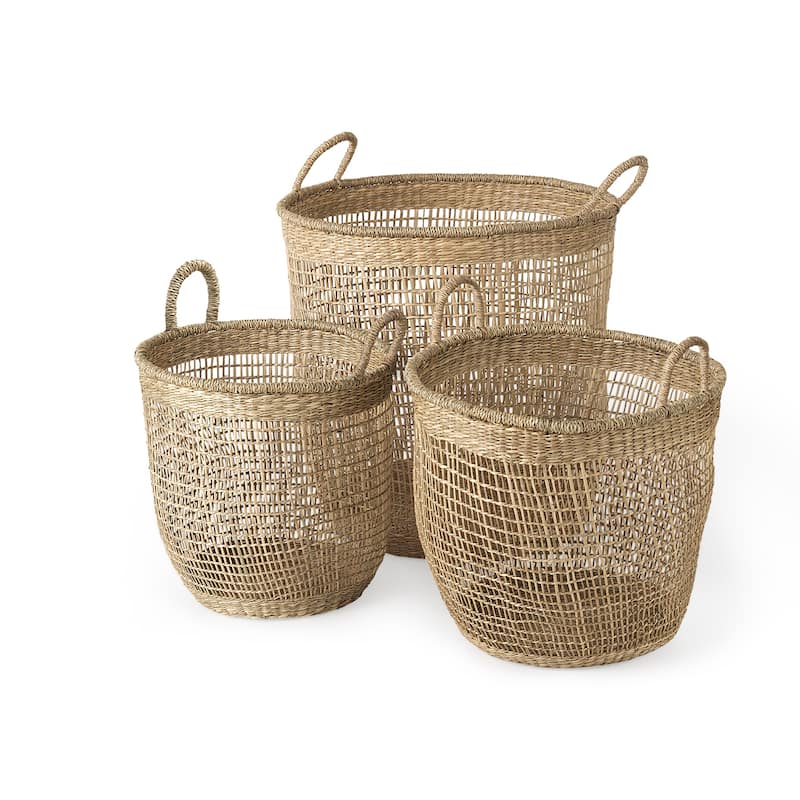 Bowie Medium Brown Seagrass Round Baskets (Set of 3) - 19.7"W x 19.7"D x 19.7"H - 19.7"W x 19.7"D x 19.7"H