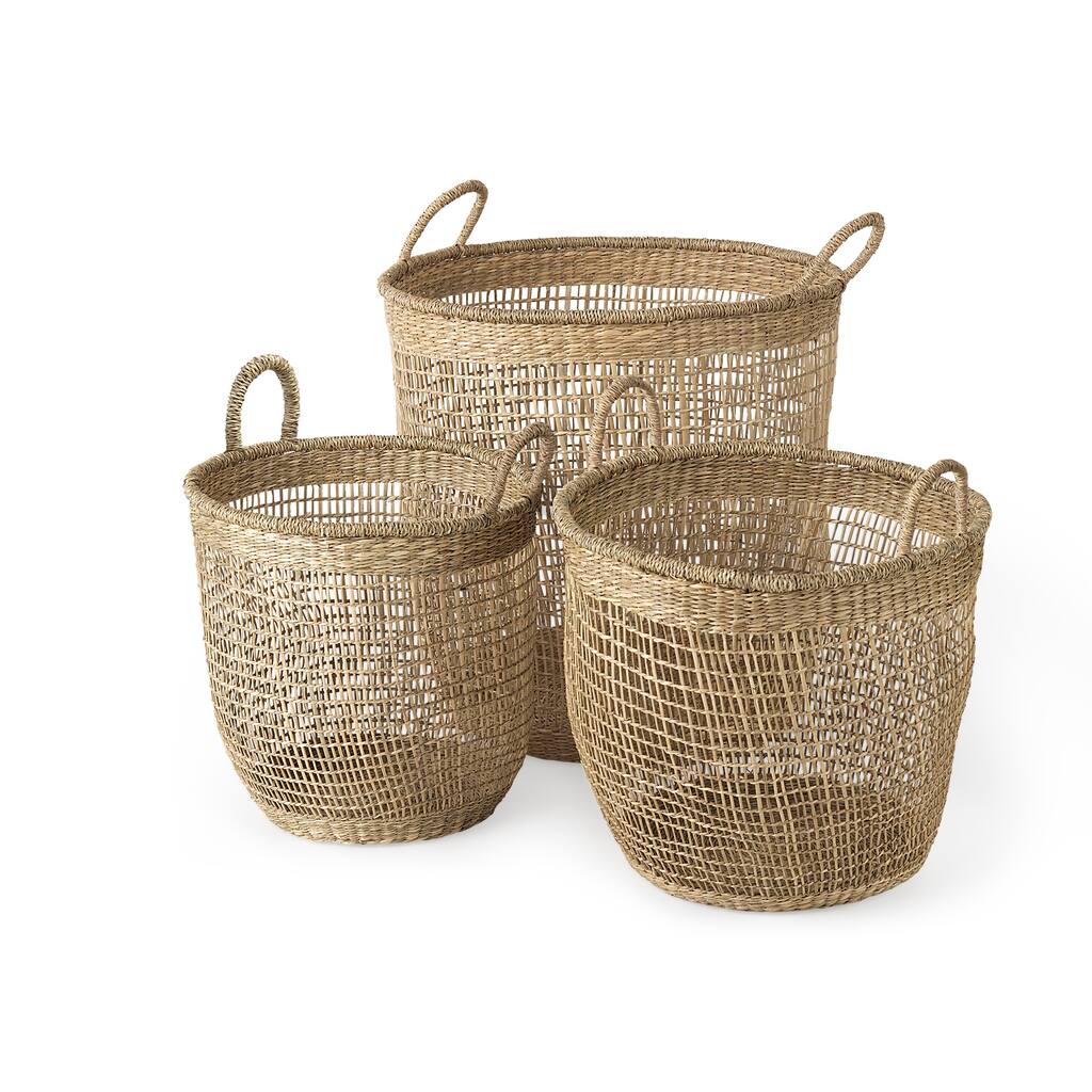 Bowie Medium Brown Seagrass Round Baskets (Set of 3) - 19.7"W x 19.7"D x 19.7"H