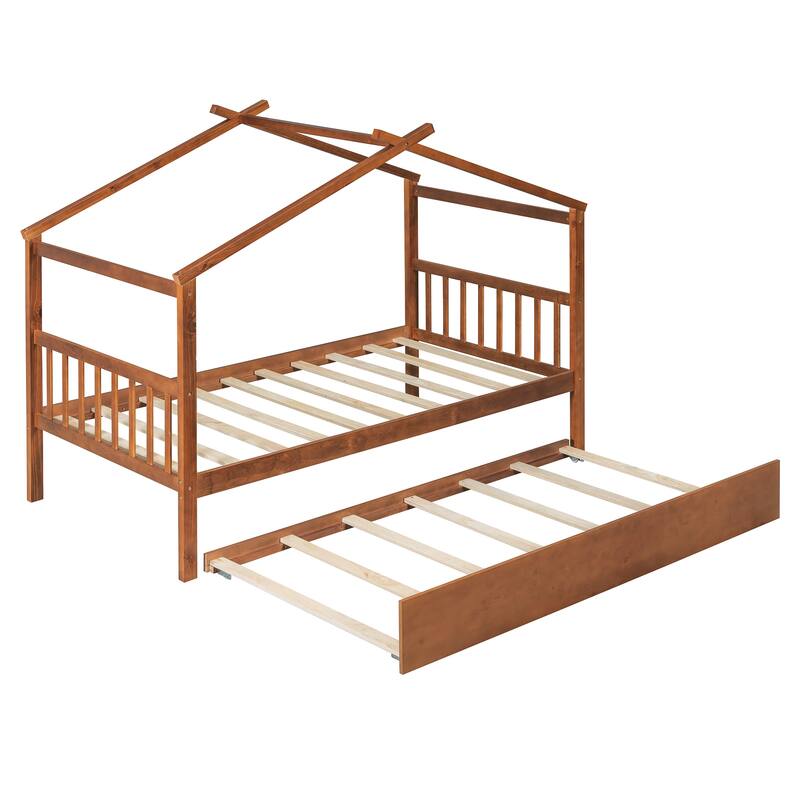 Twin Size Wooden House Bed with Twin Size Trundle, Walnut