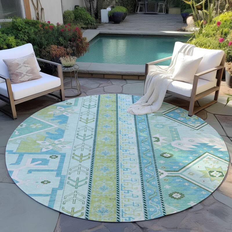 Machine Washable Indoor/ Outdoor Boho Tribal Chantille Rug - Mint - 8' x 8'