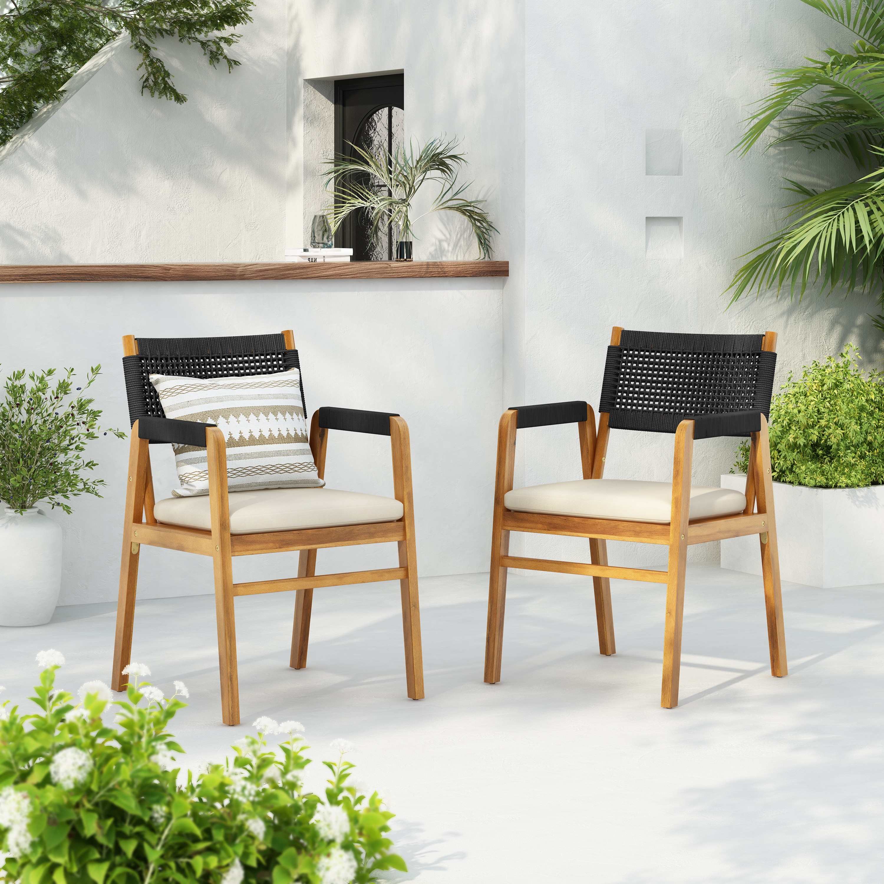 Oucacia Outdoor Acacia Wood and Rope Dining Chair Set of 2 by Christopher Knight Home