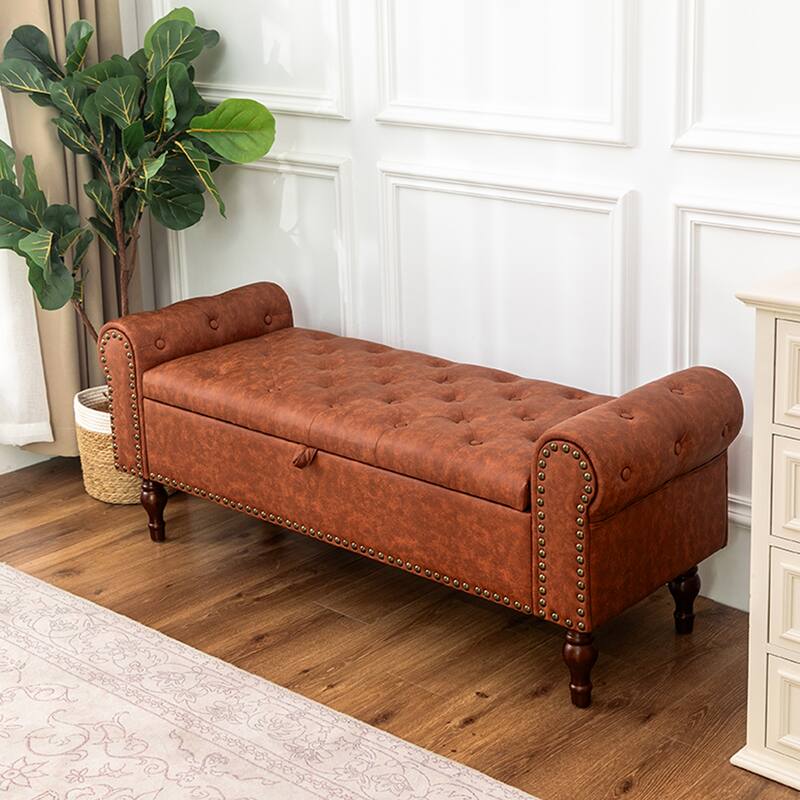 Adeco Storage Ottoman Bench for Bedroom - Brown-57.2"x19.7"x22"