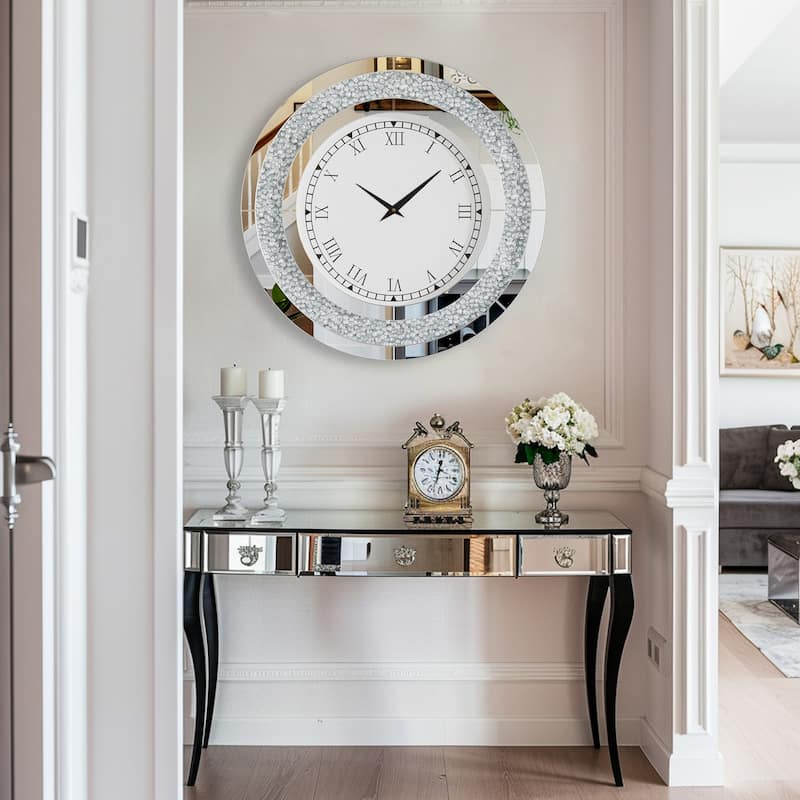 Round Mirror Clock Tinted Crushed Diamond Mirrored Wall Clock - 24"x1.8"x24"