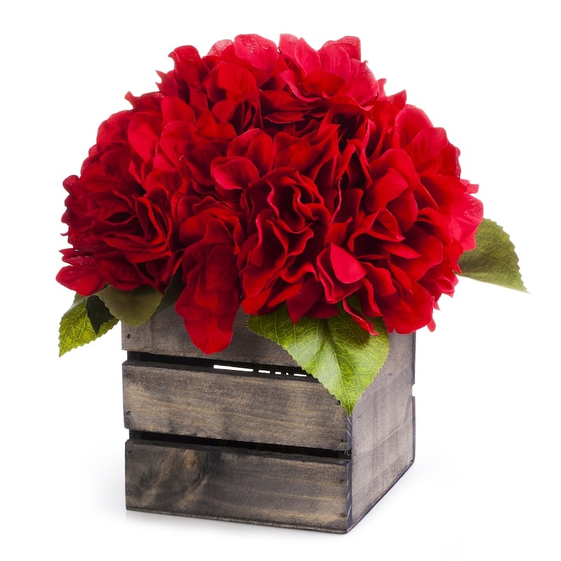 Enova Home Artificial Silk Hydrangea Fake Flowers Arrangement in Wood Planter for Home Office Wedding Decoration - Red