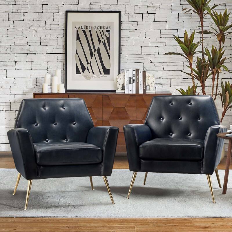 Mavortius Vintage Design Armchair with Button-tufted Back Set of 2 with Gold Legs - NAVY
