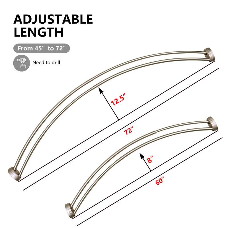 Utopia Alley Rustproof Wall Mounted Aluminum Double Curved Shower Curtain Rod, Screw Mount Rod, Adjustable Rod from 45" to 72"