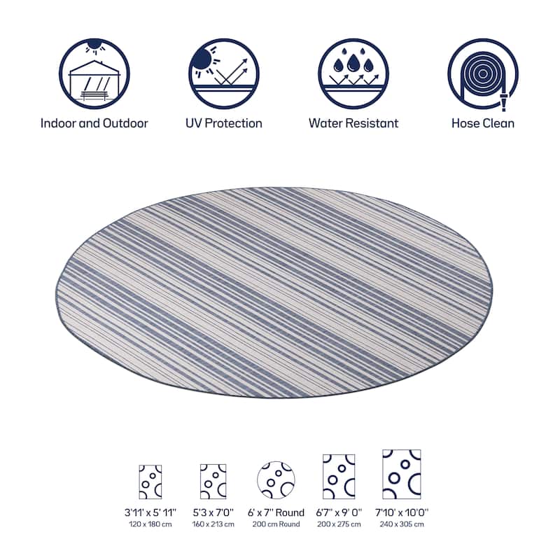 Beverly Rug Blue Striped Indoor Outdoor Rug, Outside Carpet for Patio, Deck, Porch