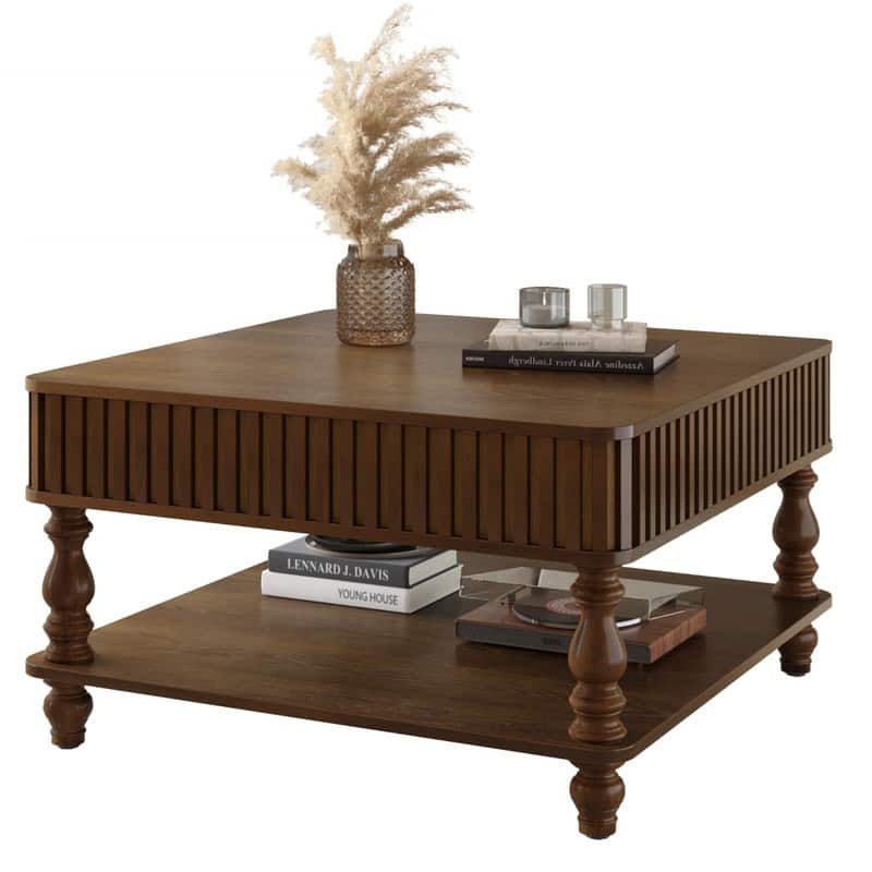 Fluted 31.5" Square Lift-Top Coffee Table with Hydraulic Mechanism for Hidden and Open Storage Solutions