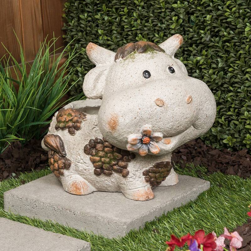 Smiling Cow Statue Planter with Drainage Hole