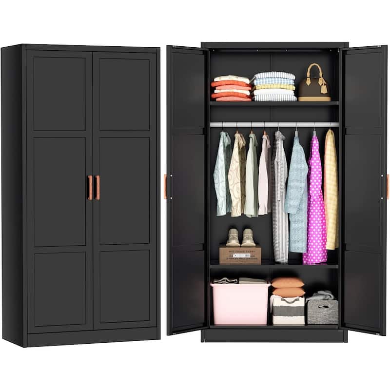 72'' Metal Armoire Wardrobe Closet with Wooden Handle and Hanging Rods, Clothing Closet Storage Cabinet with Adjustable Shelves