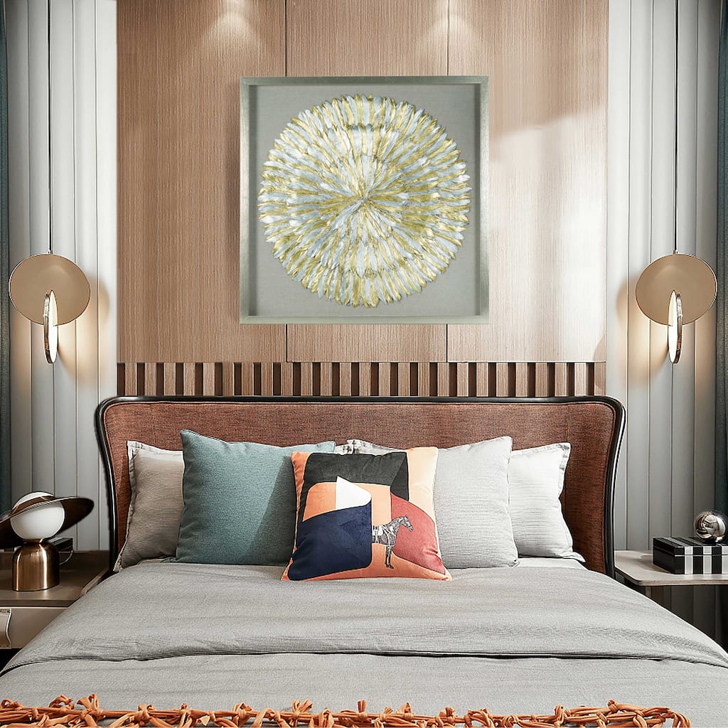 HUJI Gold and Silver Feather Wreath Shadow Box Wall Decor