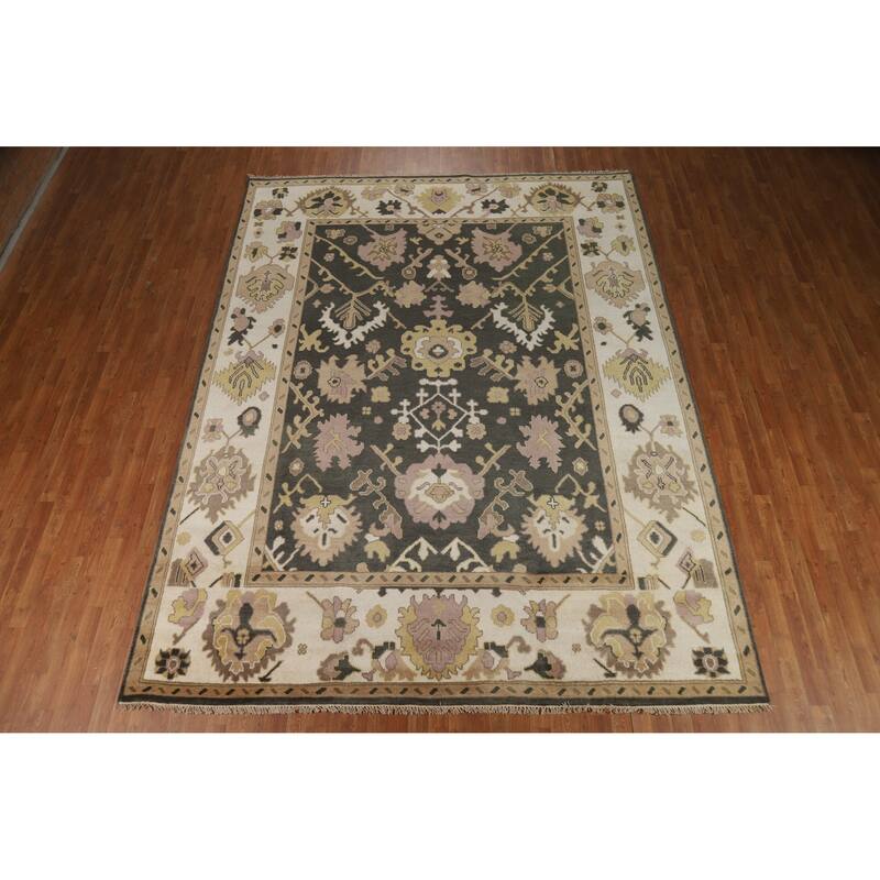 Charcoal Ivory Oushak Indian Area Rug Hand-Knotted Wool Carpet - 9'0" x 11'9"