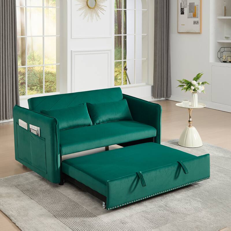 3 in 1 Convertible Green Sleeper Futon Sofa Bed with Adjustable Backrest and Storage