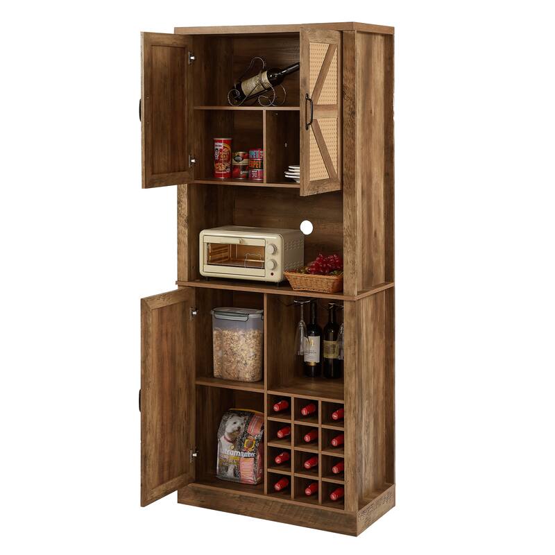76 Inch Home Bar Cabinet, Coffee Bar Cabinet with Shelves,Faux Rattan Wine Cabinet
