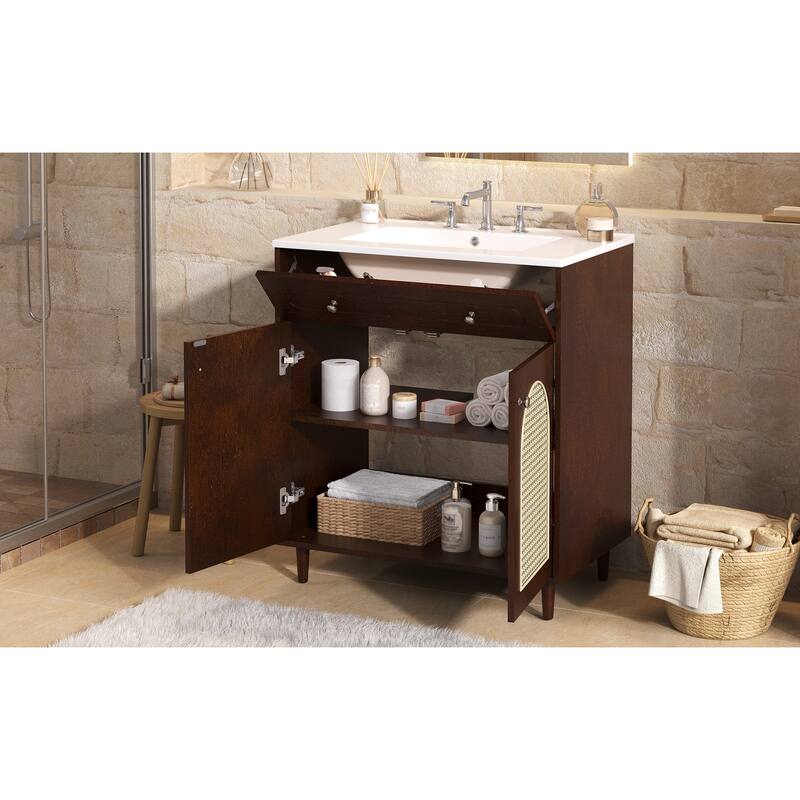 30" Bathroom Vanity with Ceramic Sink, Solid Wood Frame Bathroom Sink Cabinet with Adjustable Shelf, Tip-Drawer