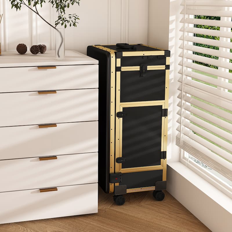 Roomfitters Portable Nail Table with LED Mirror, Lockable Drawers and Bluetooth, Folding Manicure Station on Wheels, Black - Black+Gold