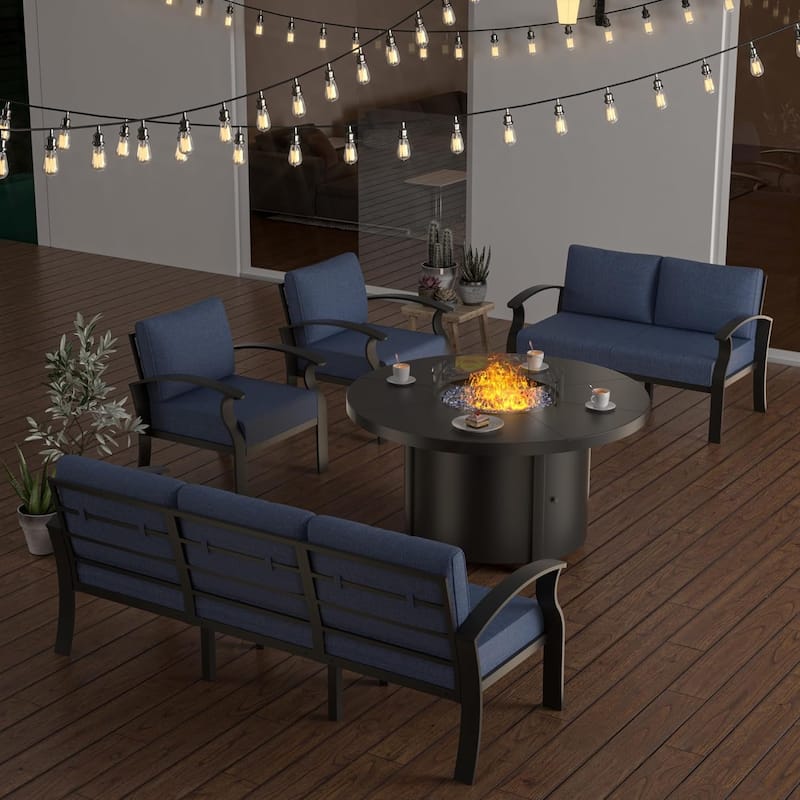 Patio Aluminum Sofa with Armrests, Outdoor Conversation Set with Round Fire Pit Table 5inch Thick Seat Cushions