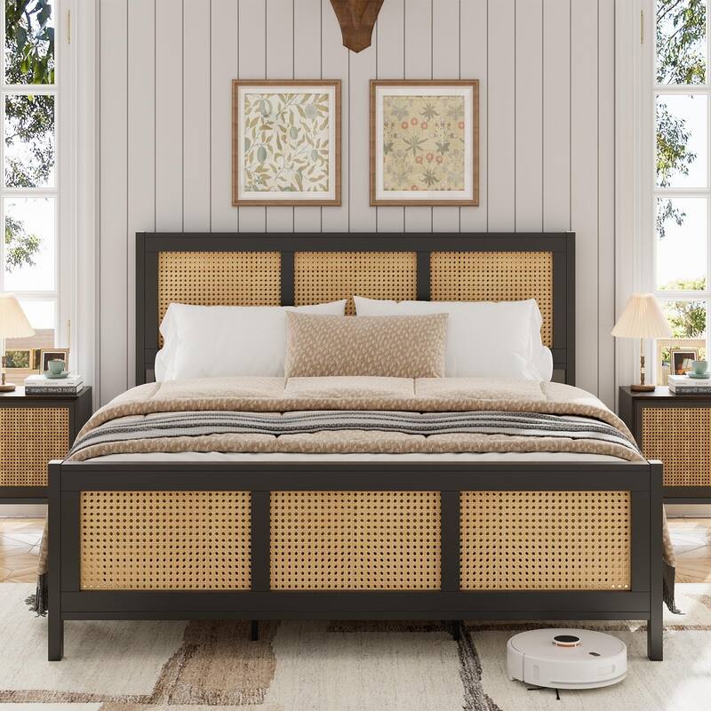 Rattan Bed Frame with Headboard - Black_King - King