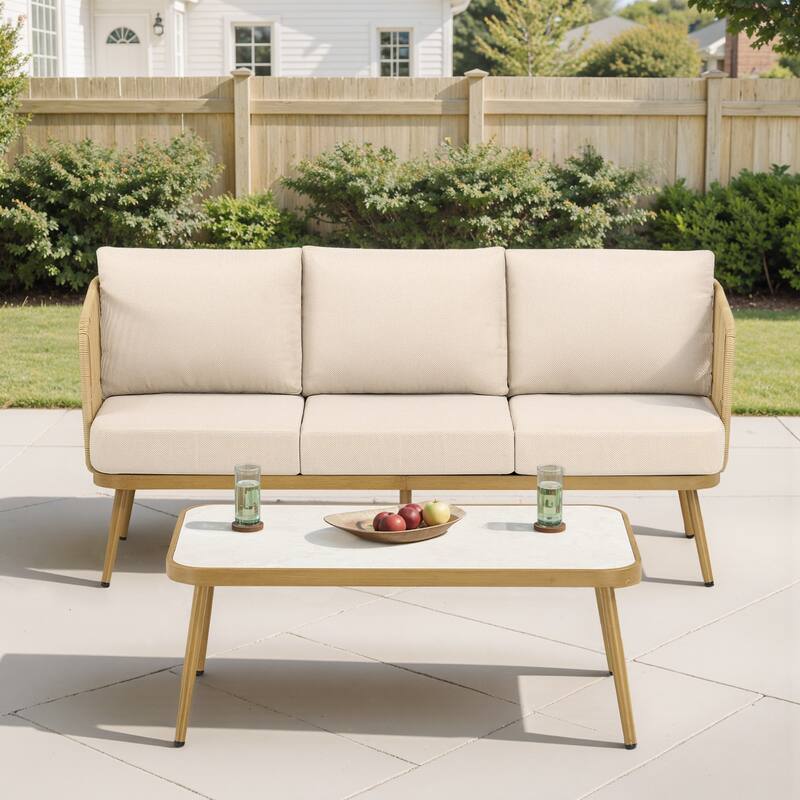 Pocassy Patio 3-Seat Sofa Glider Chair with Coffee Table - Yellow Wicker Beige Cushion - 2-Piece Patio 3-Seat Sofa with Coffee Table
