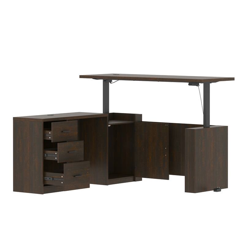 63" L Shaped Electric Standing Desk with Storage Drawers – Height Adjustable Executive Desk, Dark Brown Wood