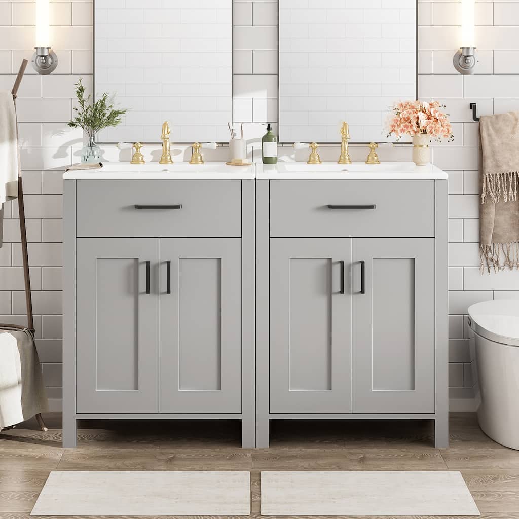Modern 48" Bathroom Vanity with Ceramic Sink, Soft-Close Doors, Flip Drawer, Double-Layer Door Shelves, Elegant Storage Solution