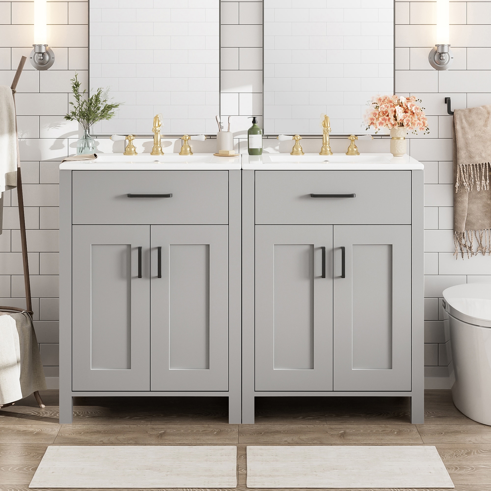 Roomfitters Modern 48" Bathroom Vanity with Ceramic Sink, Soft-Close Doors, Flip Drawer and Double-Layer Door Shelves