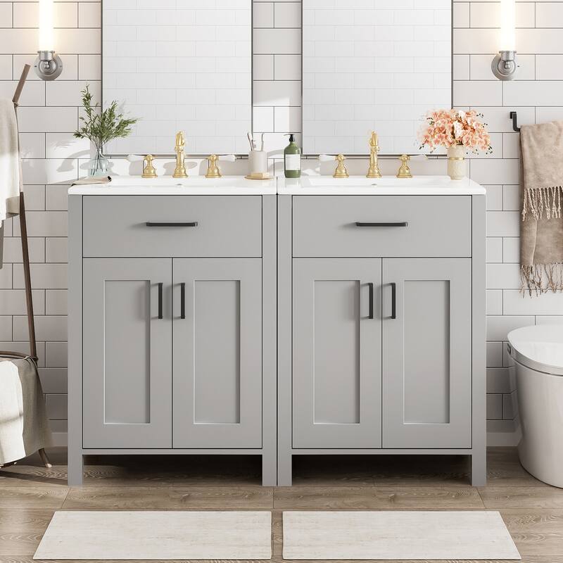 Roomfitters Modern 48" Bathroom Vanity with Ceramic Sink, Soft-Close Doors, Flip Drawer and Double-Layer Door Shelves - Grey