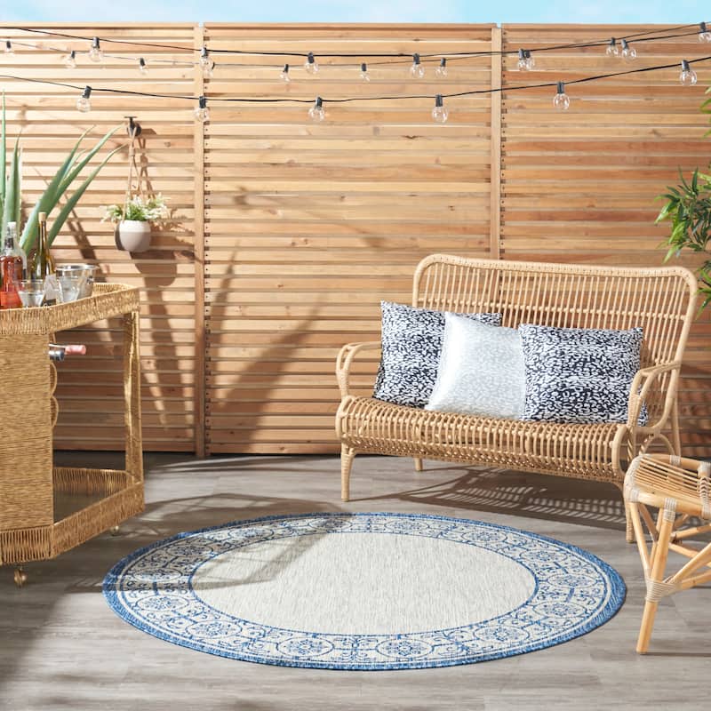 Nourison Garden Party Bordered Indoor/Outdoor Area Rug - 5'3" Round - Ivory/Blue