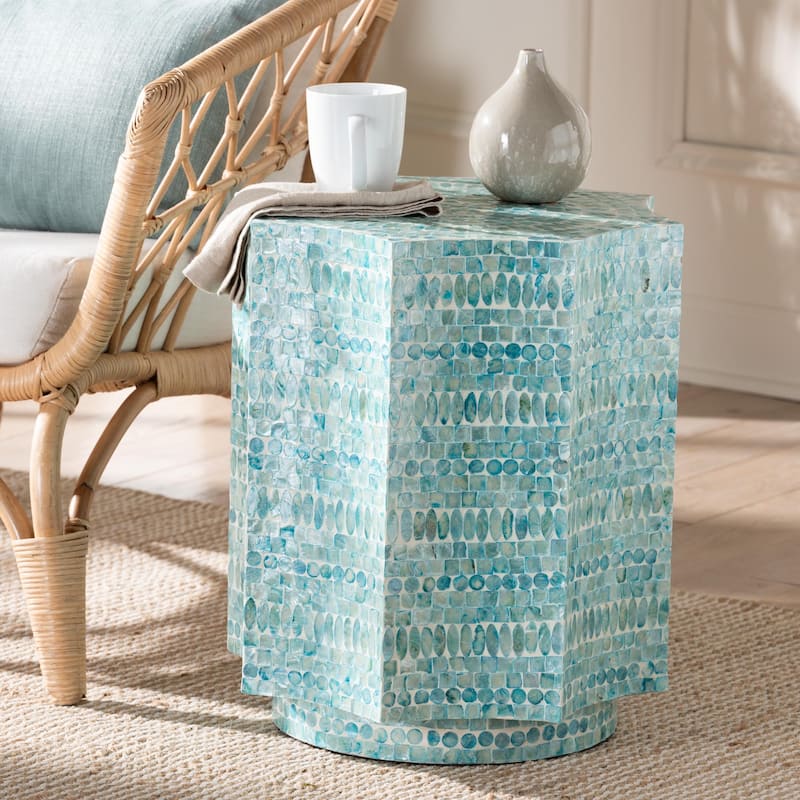 Olesia Modern Bohemian Blue Mother of Pearl End Table