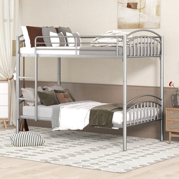 slide 2 of 47, Space-Saving Twin Over Twin Metal Bunk Bed with Guardrails and Ladder, Convertible to Two Beds Silver