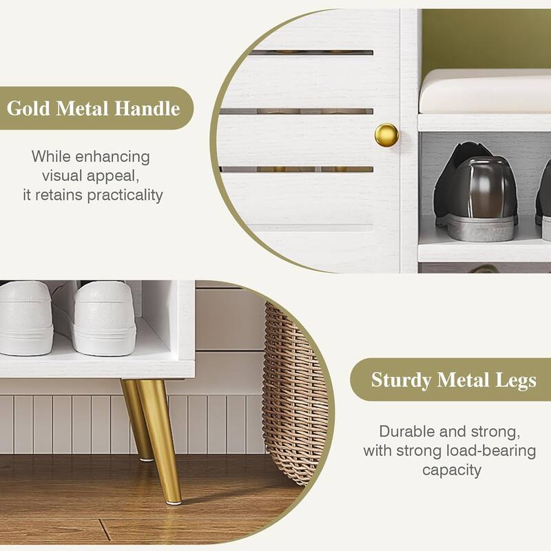 VECELO L-Shaped Entryway Bench with Cushion Shoe Storage Bench with Louvered Door & Open Shelves Hallway Seat Organizer